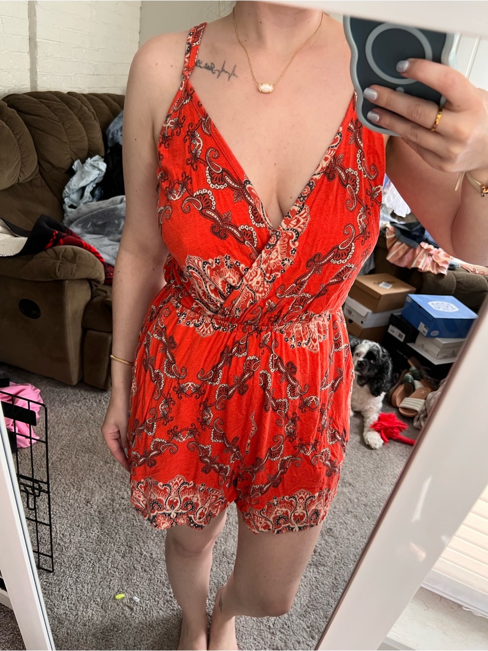 Francesca's Collections Red Paisley Romper